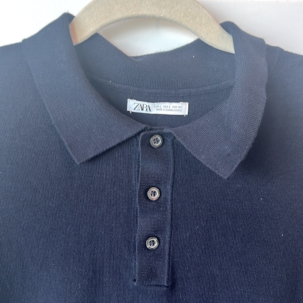 Zara Men's Dark Navy Short Sleeve Polo Knit Sweater size L - Picture 4 of 9